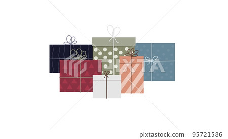 Christmas hand drawn gifts. Birthday presents. Pile of colorful wrapped gift boxes. Vector illustration. 95721586