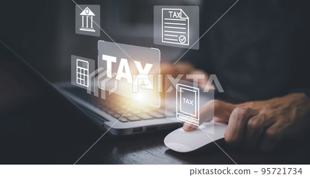Hand using tablet with bar  TAX REFUND and refund tax of duty taxation business, graphs and chart being demonstrated on the screen media,  tablet pc and selecting tax refund. 95721734