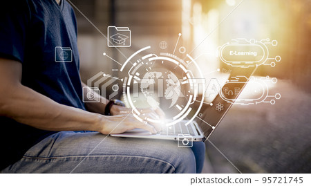 Concept E-learning education,Man using laptop with Online Education icon on virtual screen. video internet lessons and online webinar, online lessons on a digital screen.Education internet Technology. Concept E-learning education,Man using laptop with Online Education icon on virtual screen. video internet lessons and online webinar, online lessons on a digital screen.Education internet Technology. 95721745