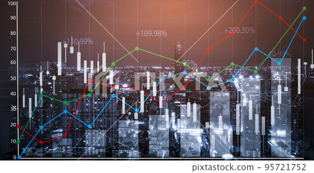 Financial graphs and glowing stock chart on blurry city background. Trade and investment concept. Stock market business concept. Financial graphs and digital indicators, Forex chart on cityscape . 95721752