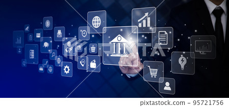 Businessman touchscreen on the graph Screen Icon of a media screen, Technology Process System Business with Communication and marketing concept, Team success, HR Human, Business success, business plan 95721756