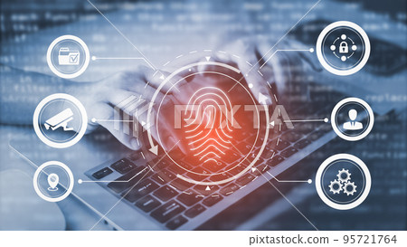 Hand touch fingerprint with virtual global with cyber security, Login, User, identification information security and encryption, secure access to users personal information, secure Internet access, 95721764