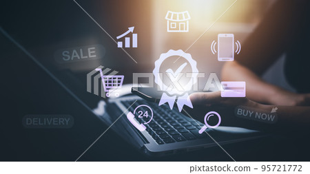 Businesswoman working smartphone with laptop and sign of the top service Quality assurance, Guarantee, Standards, ISO certification and standardization, concept Quality assurance of business services, 95721772