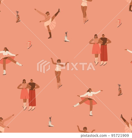 Hand drawn vector abstract graphic Merry Christmas and Happy new year illustration figure ice skating people seamless pattern.Christmas cute design background concept.Modern creative greeting card. 95721909