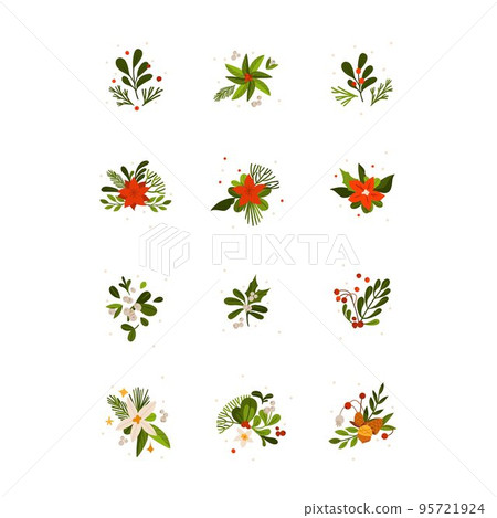 Hand drawn vector abstract graphic Merry Christmas and Happy new year clipart illustrations greeting card set with flowers and leaves.Merry Christmas cute floral design background.Winter holiday art. 95721924