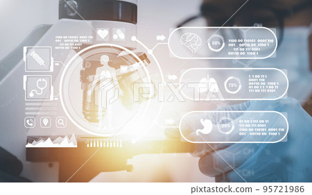 biochemical research scientist working with a microscope for the virus,Doctor man write a history of the experimental results in a , laboratory glassware containing chemical liquid for design. 95721986