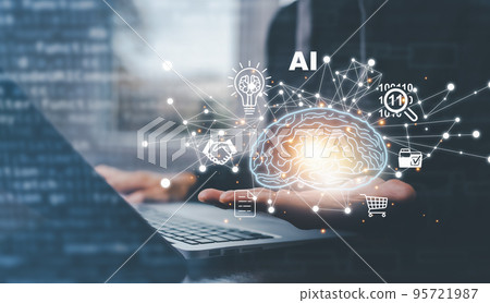 Man hand hold brain icon with laptop, communication with cloud and contact icon in the dark background in graph Screen Icon of a media screen, Technology Process System Business, idea and Creative 95721987