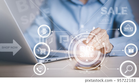 Man touch smartphone with Big Sale and technology for digital marketing, Pay online shopping Website.E-commerce, internet banking, Digital marketing, online shopping, Social media and Black Friday. 95722188
