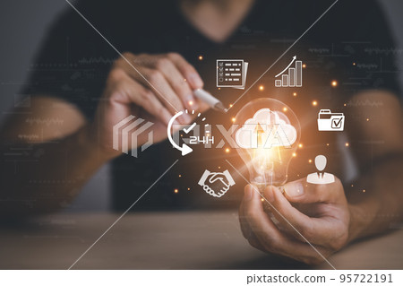 Businessman hold light bulbs with Cloud, ideas of new ideas with innovative technology and creativity, concept creativity with bulbs that shine glitter, businessman holding illuminated light bulb, 95722191