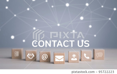 communication and technology concept , Hand putting wooden block cube symbol telephone, email, address. Website page contact us or e-mail marketing, Contact us in customer support concept 95722223