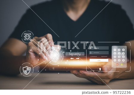 Hand touch fingerprint with virtual global with cyber security, Login, User, identification information security and encryption, secure access to users personal information, secure Internet access, Hand touch fingerprint with virtual global with cyber security, Login, User, identification information security and encryption, secure access to users personal information, secure Internet access, 95722236