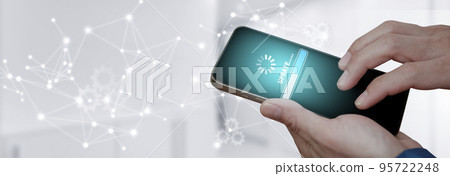 Man holding Smartphone with Update Software Computer Program Upgrade Business Technology Internet, Update on virtual screen. Internet and technology concept, loading bar with installing the update. Man holding Smartphone with Update Software Computer Program Upgrade Business Technology Internet, Update on virtual screen. Internet and technology concept, loading bar with installing the update. 95722248