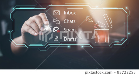 Email concept with laptop spam and virus computer monitor internet security concept, Businessman touch bin mail with a laptop. Spam, junk and e-marketing on screen, Spam Email Pop-up Warning. Email concept with laptop spam and virus computer monitor internet security concept, Businessman touch bin mail with a laptop. Spam, junk and e-marketing on screen, Spam Email Pop-up Warning. 95722253