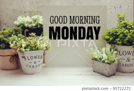 Good Morning Monday text message with artificial plant decoration on wooden background 95722272