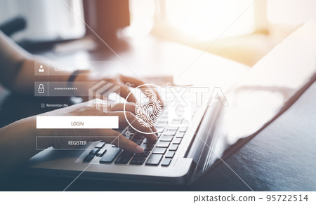 Hand touch fingerprint with virtual global with cyber security, Login, User, identification information security and encryption, secure access to users personal information, secure Internet access, 95722514