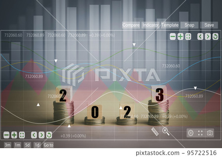Double exposure of coins on the white background for finance and banking and Money spending planning, and investment budget, Business saving money concept, Copy space, new year 2022-2023 concept 95722516
