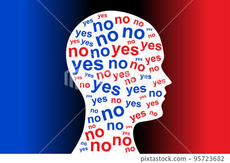 YES and NO, words colored red and blue, in a white silhouette of a head, over a gradient background. Symbol for the uncertainty of which side to choose, or to distinguish between lies and truth. YES and NO, words colored red and blue, in a white silhouette of a head, over a gradient background. Symbol for the uncertainty of which side to choose, or to distinguish between lies and truth. 95723682