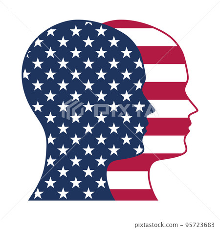 Two heads, with the American flag motif, looking in the same direction. Symbol of peace and unity between 2 opposing parties, who are aware of overcoming their opposites, looking into a common future. 95723683