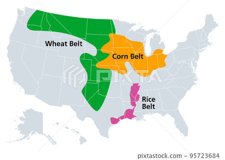 Corn Belt, Wheat Belt and Rice Belt of the United States, political map. Regions in the U.S. states, that grow the nations dominant portion of maize, wheat and rice. Isolated illustration, over white. 95723684