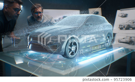 Engineers using tablet with holographic innovative application Engineers using tablet with holographic innovative application 95723906