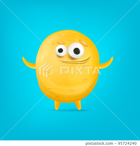 Vector cartoon funny yellow alien monster isolated on blue background. Smiling silly yellow monster print sticker design template. Cute Ghost, troll, gremlin, goblin, devil and halloween monster 95724240