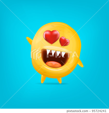 Vector cartoon funny yellow alien monster with heart eyes isolated on blue background. Silly monster print sticker design template. Cute Ghost, troll, gremlin, goblin, devil and halloween monster 95724241