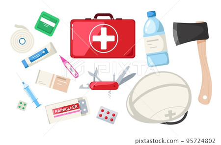 Emergency kit. Cartoon survival evacuation equipment with medical pills flashlight helmet bottle, preparedness first aid tools. Vector isolated collection 95724802