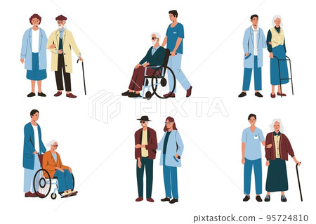 Elderly people care. Group of senior men women with social volunteers help, old characters with assistive devices on rehabilitation. Cartoon vector set Elderly people care. Group of senior men women with social volunteers help, old characters with assistive devices on rehabilitation. Cartoon vector set 95724810