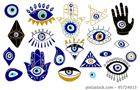 Doodle evil eye. Cartoon traditional Turkish luck amulets contemporary style, magic Hamsa hand talisman spiritual esoteric souvenirs. Vector set 95724813
