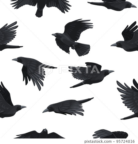Crow pattern. Seamless print of black flying ravens, rook silhouette background for fabric wrapping paper textile design. Vector gothic texture Crow pattern. Seamless print of black flying ravens, rook silhouette background for fabric wrapping paper textile design. Vector gothic texture 95724816