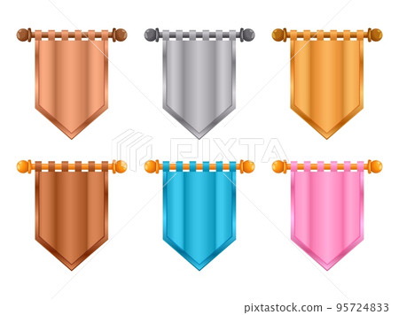 Game level flags. Abstract gold silver bronze medieval banners for GUI design, vintage pennant flagstaff badges fantasy concept. Vector isolated collection 95724833