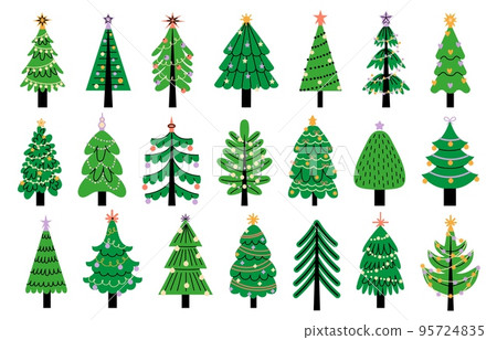 Decorated new year tree. Modern cartoon Christmas fir with decorations, new year xmas symbols of merry celebration. Vector winter season set Decorated new year tree. Modern cartoon Christmas fir with decorations, new year xmas symbols of merry celebration. Vector winter season set 95724835