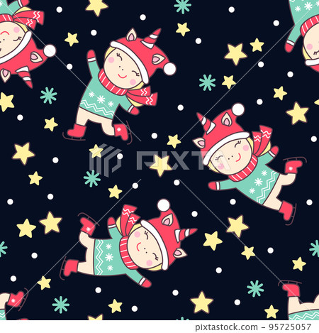 Christmas seamless pattern with cute unicorn ice skating, stars and snowflakes on black background. 95725057