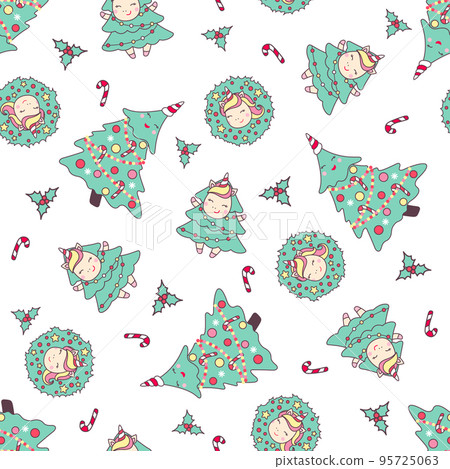 Christmas seamless pattern with cute unicorns, christmas tree, candy cane and holly isolated on white background. Christmas seamless pattern with cute unicorns, christmas tree, candy cane and holly isolated on white background. 95725063
