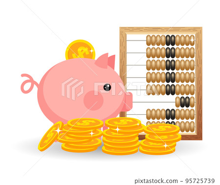 Piggy bank, retro abacus and gold coins dollars. Business and finance concept. Poster, vector Piggy bank, retro abacus and gold coins dollars. Business and finance concept. Poster, vector 95725739