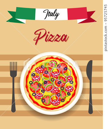 Colorful pizza, fork, knife and Italian flag ribbon. Postcard, retro poster, vector 95725745