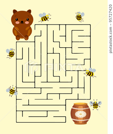 Children's maze with animals, a cute bear and a barrel of honey. Illustration, vector Children's maze with animals, a cute bear and a barrel of honey. Illustration, vector 95727420
