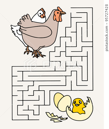Children's maze with animals, cute hens and chicken in the shell. Illustration, vector Children's maze with animals, cute hens and chicken in the shell. Illustration, vector 95727428
