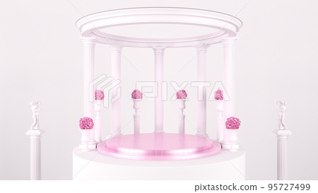 Blank exhibition display stage podium mockup in Roman gazebo style backdrop in luxury wedding theme, 3d rendering Blank exhibition display stage podium mockup in Roman gazebo style backdrop in luxury wedding theme, 3d rendering 95727499