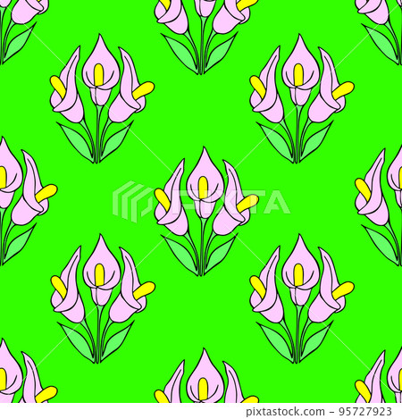 symmetrical seamless pattern of pink flowers on a green background, texture, design symmetrical seamless pattern of pink flowers on a green background, texture, design 95727923