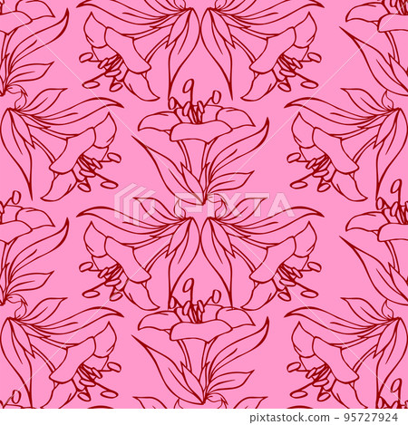 seamless contour pattern of large red graphic flowers on a pink background, texture, design seamless contour pattern of large red graphic flowers on a pink background, texture, design 95727924