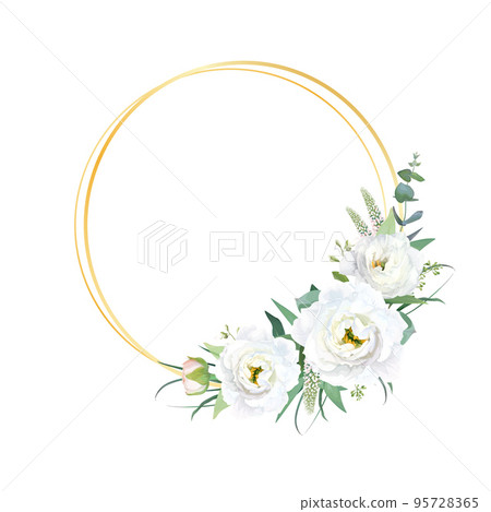 Elegant white flower, greenery wreath. Round golden frame. Wedding invite, save the date template design. Eustoma, veronica, greenery eucalyptus leaves watercolor bouquet. Editable vector illustration Elegant white flower, greenery wreath. Round golden frame. Wedding invite, save the date template design. Eustoma, veronica, greenery eucalyptus leaves watercolor bouquet. Editable vector illustration 95728365