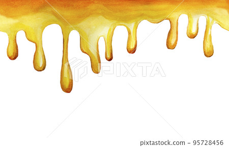 seamless border drips of yellow honey. watercolor drawing, frame, border with yellow honey dripping drops. print, web banner for farming, beekeeping, sweet food 95728456