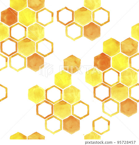 watercolor seamless pattern with yellow honeycombs on a white background. cute print on the theme of beekeeping, honey. watercolor seamless pattern with yellow honeycombs on a white background. cute print on the theme of beekeeping, honey. 95728457