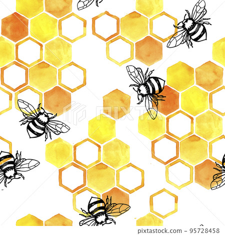 seamless watercolor pattern with honey bees and little cute bees. yellow and orange honeycomb on a white background. seamless watercolor pattern with honey bees and little cute bees. yellow and orange honeycomb on a white background. 95728458