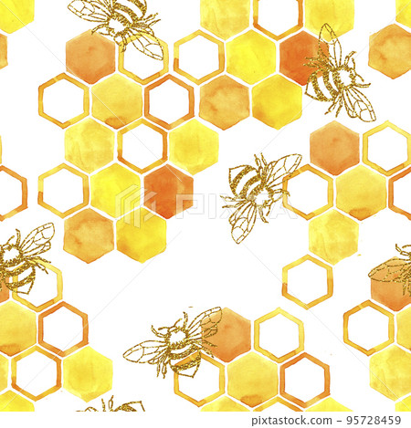seamless watercolor pattern with honey bees and little cute bees. yellow and orange honeycomb on a white background. seamless watercolor pattern with honey bees and little cute bees. yellow and orange honeycomb on a white background. 95728459