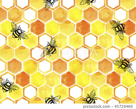 seamless watercolor pattern with honey bees and little cute bees. yellow and orange honeycomb on a white background. seamless watercolor pattern with honey bees and little cute bees. yellow and orange honeycomb on a white background. 95728460