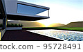 Console floor with a glass facade against the backdrop of an amazing sunset in the mountains. The sun is reflected on the surface of the water in the pool. 3d rendering. 95728491