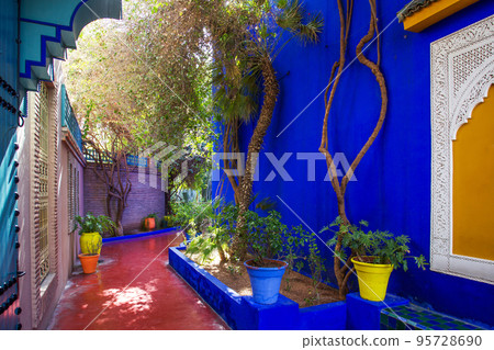 View on colorful wall (Blue) and  potted plants in  Majorelle garden (former owner  of fashion guru Yves Saint Laurent) in Marrakech 95728690