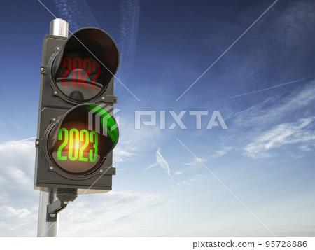 Traffic light with green light 2023 and red 2022 on sky background. Start New 2023 Year concept. 95728886